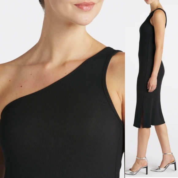 NWT 41 Hawthorn One Shoulder Fitted Midi Dress Ribbed Black Large - Picture 2 of 8